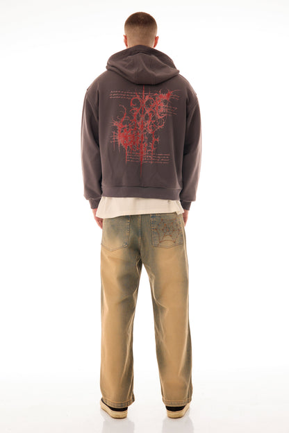 Model wearing Relic Grey Zip-Up Hoodie with front and back red graphic print – back view, premium 500 GSM cotton streetwear zip hoodie