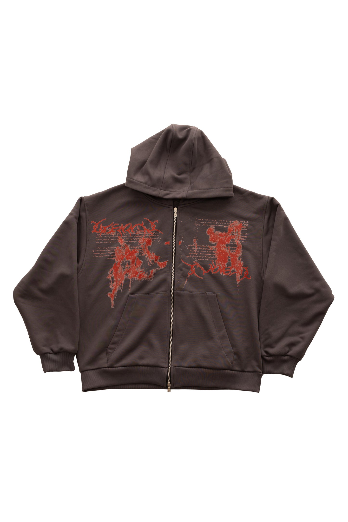 Relic Grey Zip-Up Hoodie — hanorac gri cu fermoar, print roșu pe față, vedere flatlay