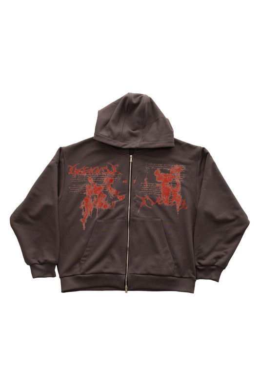 Relic Grey Zip-Up Hoodie — hanorac gri cu fermoar, print roșu pe față, vedere flatlay