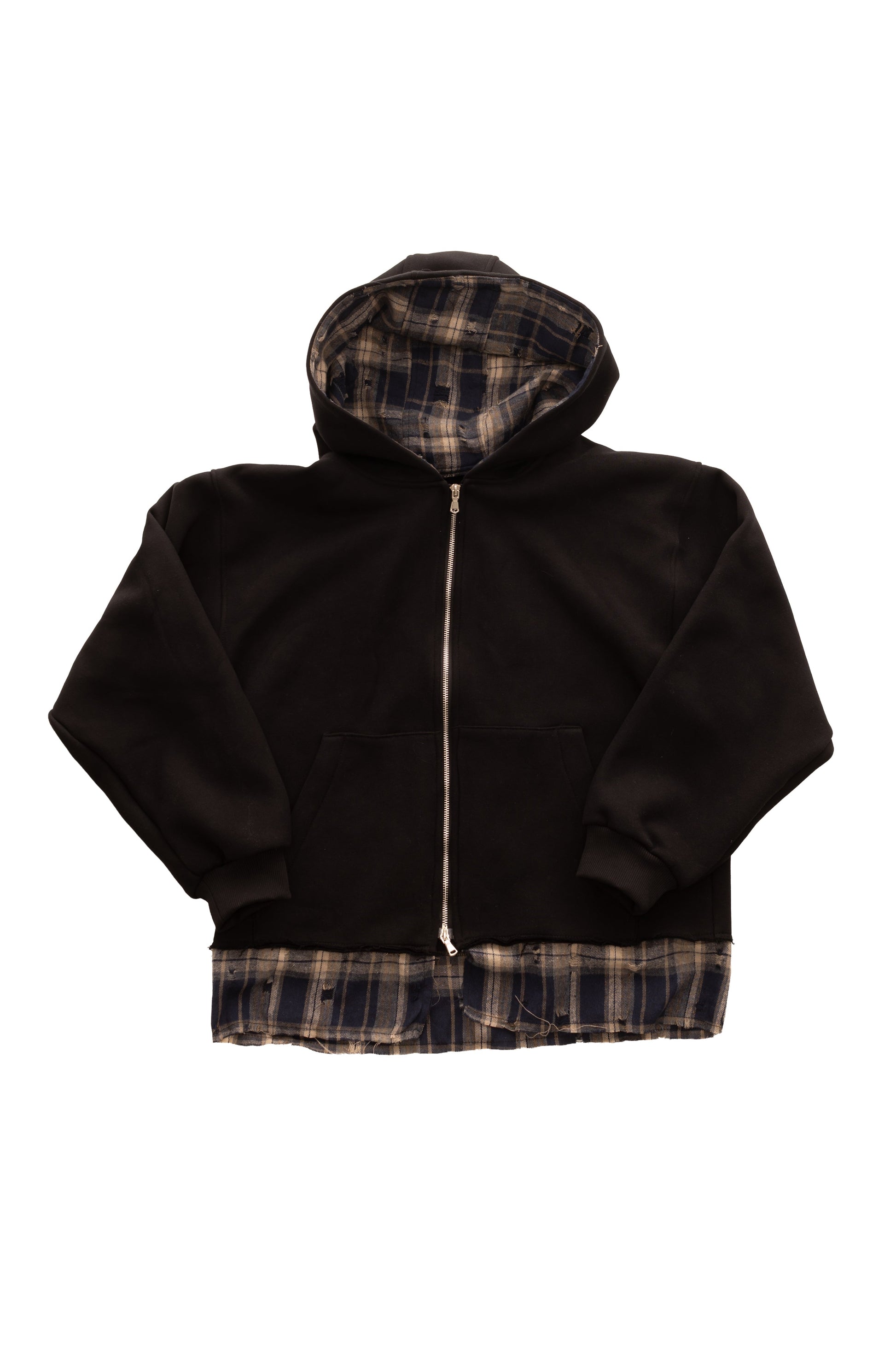 Disorder Zip Up Black Hoodie - hanorac negru cu fermoar, interior flannel distressed, vedere frontala flatlay
