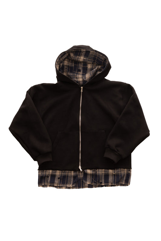 Disorder Zip Up Black Hoodie - hanorac negru cu fermoar, interior flannel distressed, vedere frontala flatlay
