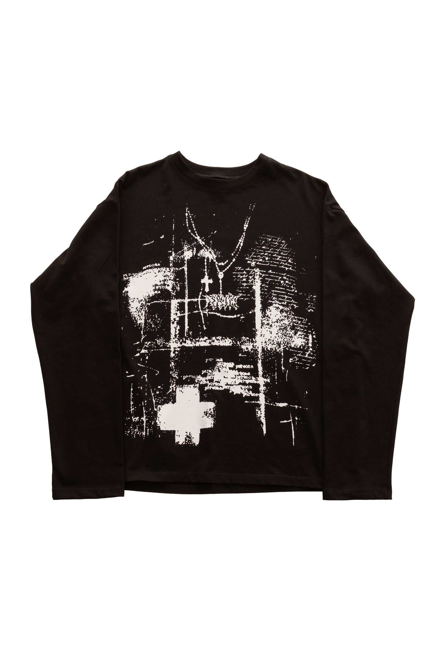 Tricou FRAGMENT BLACK LONG TEE, tricou negru oversized 300 GSM cu print alb texturat pe față – vedere frontală.