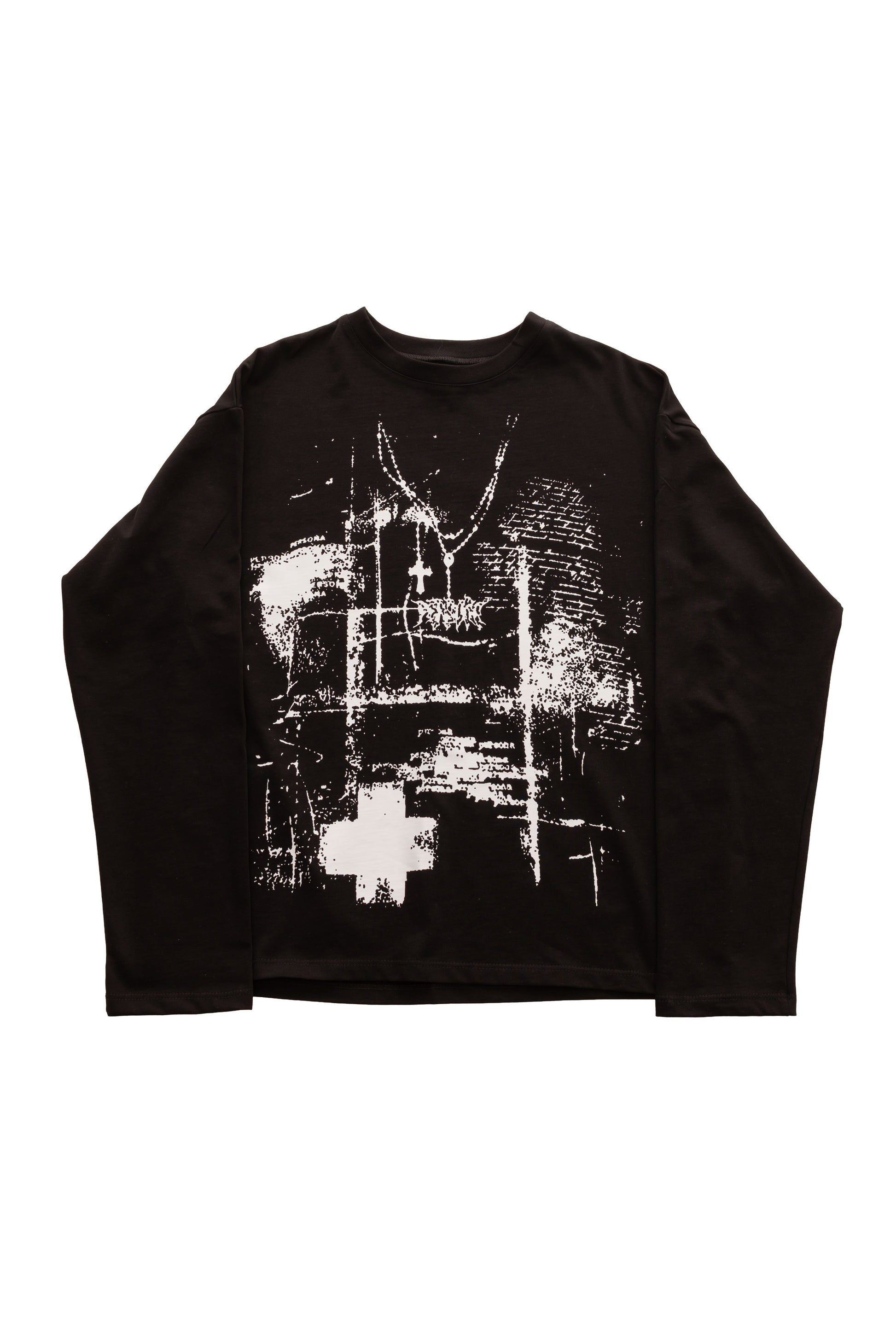 Tricou FRAGMENT BLACK LONG TEE, tricou negru oversized 300 GSM cu print alb texturat pe față – vedere frontală.