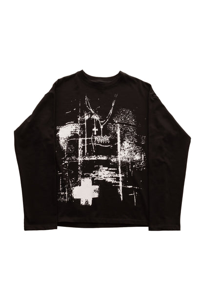 Tricou FRAGMENT BLACK LONG TEE, tricou negru oversized 300 GSM cu print alb texturat pe față – vedere frontală.