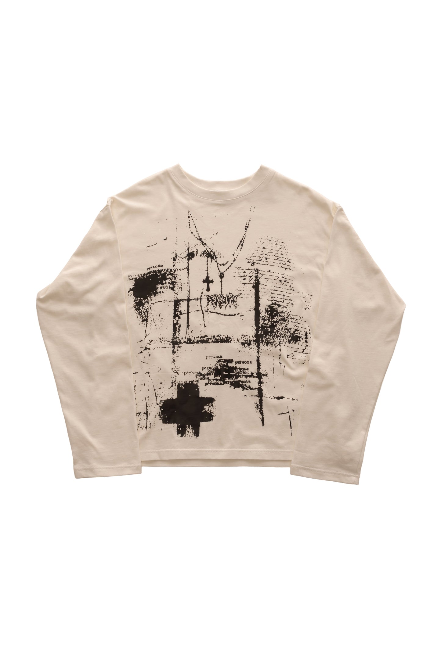 Tricou FRAGMENT WHITE LONG TEE, tricou oversized crem/alb 300 GSM cu print negru texturat pe față – vedere frontală.