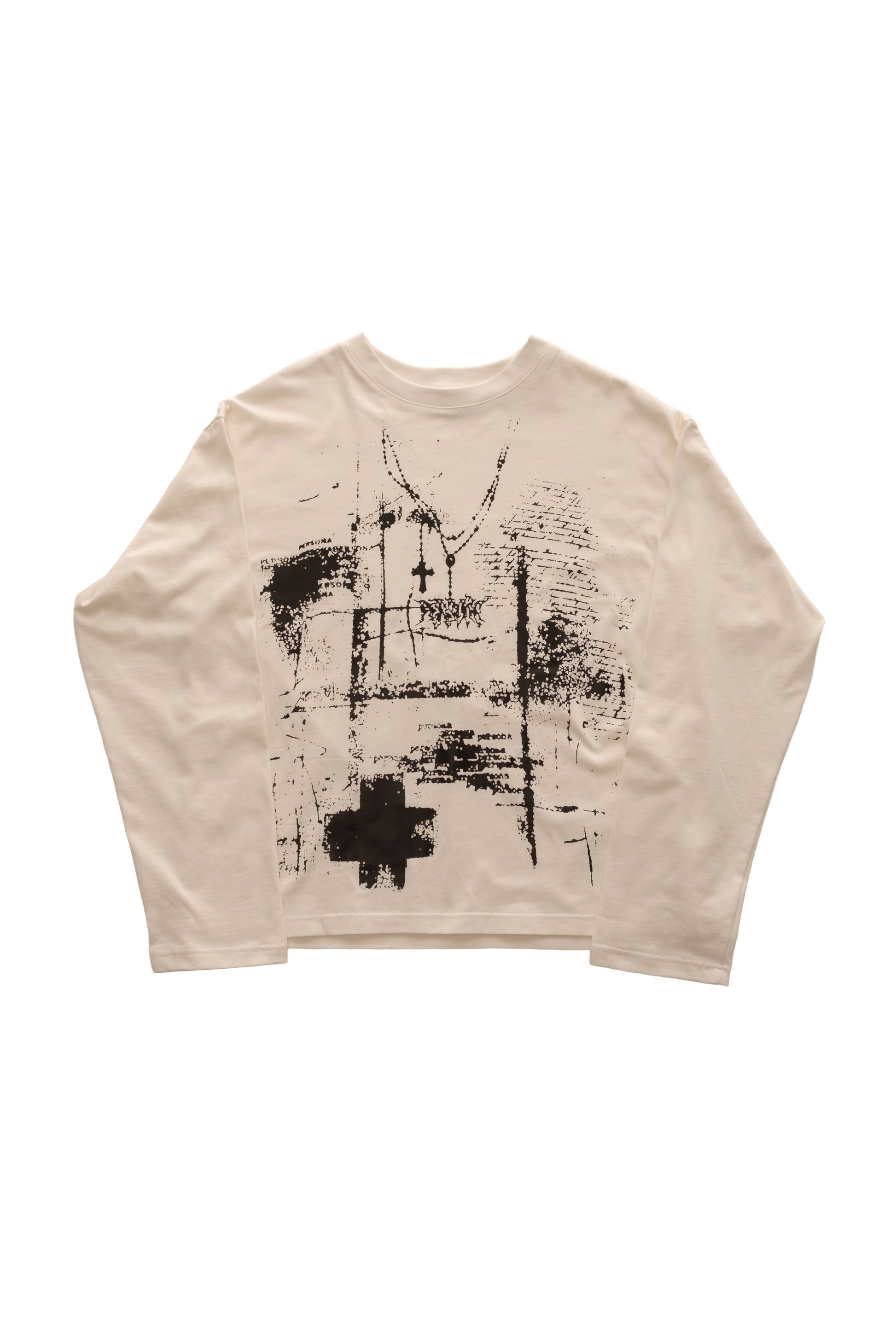 Tricou FRAGMENT WHITE LONG TEE, tricou oversized crem/alb 300 GSM cu print negru texturat pe față – vedere frontală.