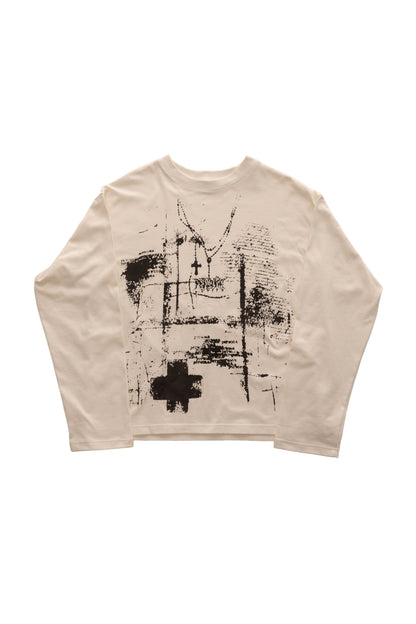 Tricou FRAGMENT WHITE LONG TEE, tricou oversized crem/alb 300 GSM cu print negru texturat pe față – vedere frontală.