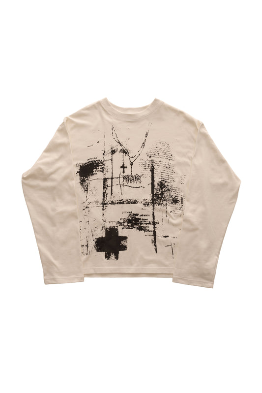 Tricou FRAGMENT WHITE LONG TEE, tricou oversized crem/alb 300 GSM cu print negru texturat pe față – vedere frontală.