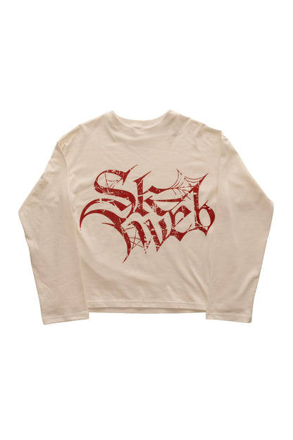 RED GLYPH WHITE LONG TEE crem, tricou oversized 300 GSM din bumbac premium, cu print roșu Glyph distressed pe față – vedere flat lay.