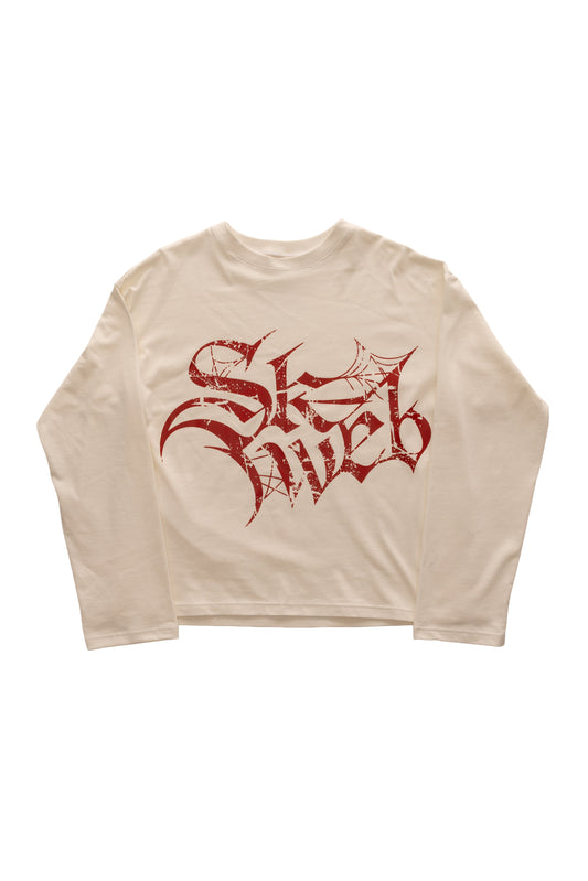 RED GLYPH WHITE LONG TEE crem, tricou oversized 300 GSM din bumbac premium, cu print roșu Glyph distressed pe față – vedere flat lay.