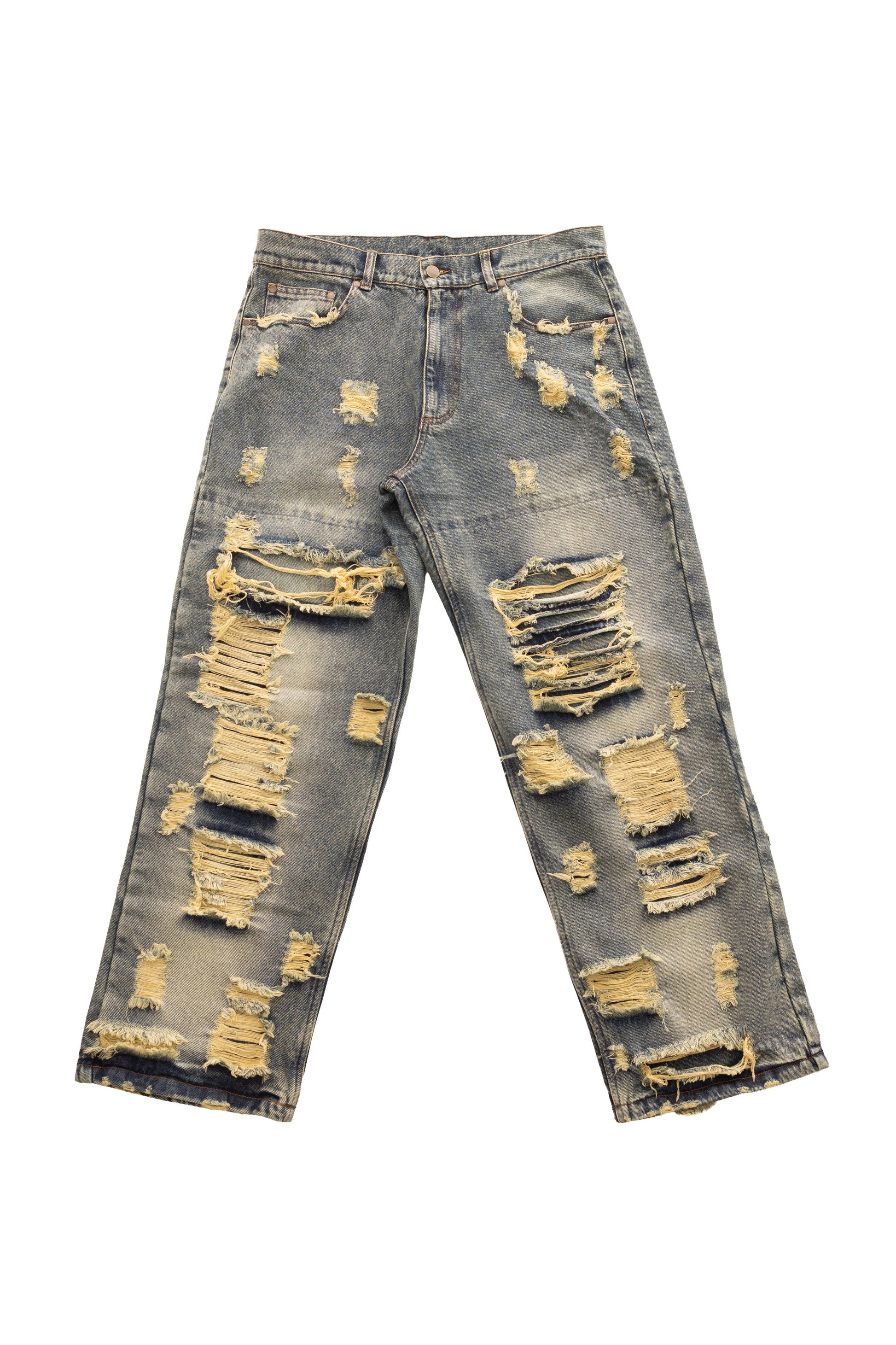 Blugi Shattered Denim Blue 13.5 OZ, wide fit, cu distressed heavy și rupturi mari pe partea frontală.
